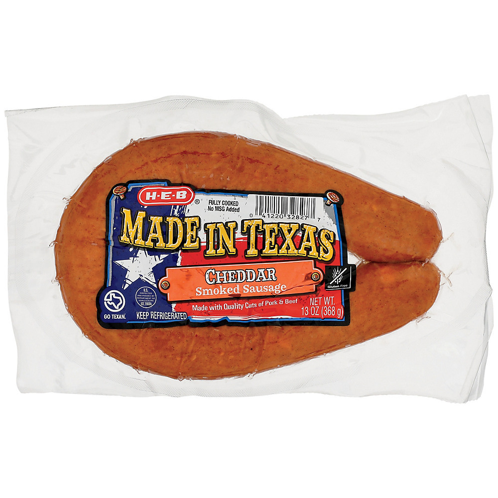 Calories in H-E-B Made In Texas Longhorn Cheddar Cheese Smoked Sausage, 13 oz