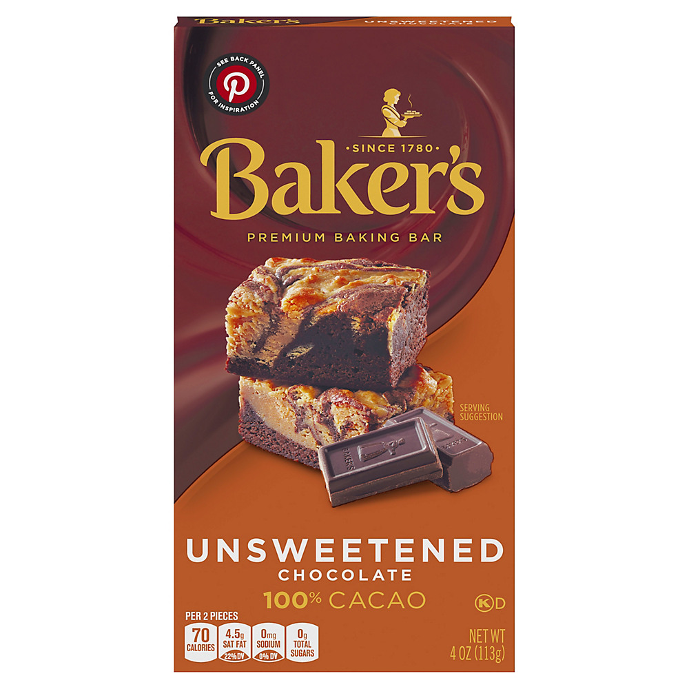 Calories in Baker's Unsweetened 100% Cacao Baking Chocolate Bar, 4.00 oz