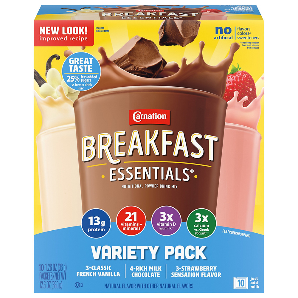 Calories in Carnation Breakfast Essentials Variety Pack Complete Nutritional Drink, 10 ct