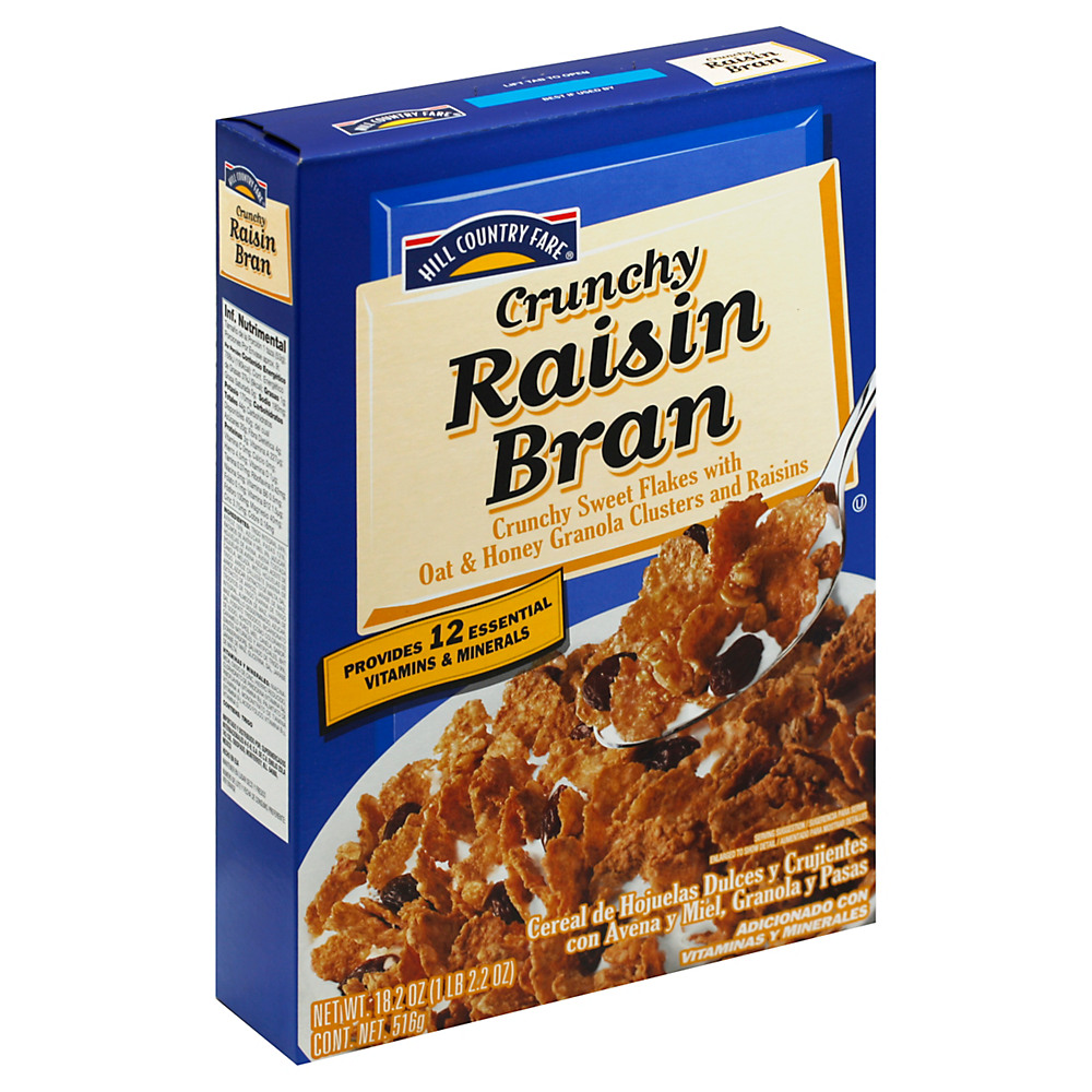 Calories in Hill Country Fare Crunchy Raisin Bran Cereal, 18.2 oz