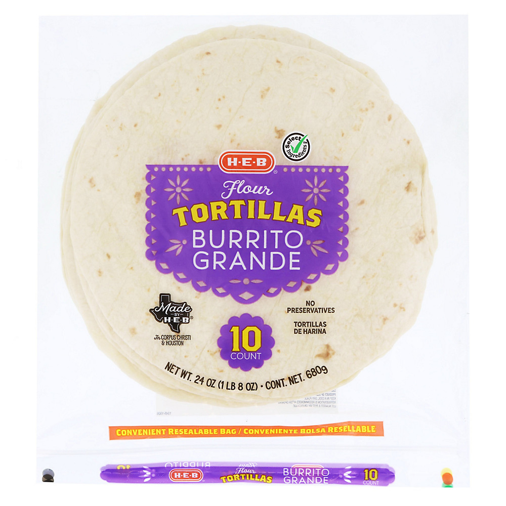 Calories in H-E-B Select Ingredients Burrito Grande Flour Tortillas, 10 ct