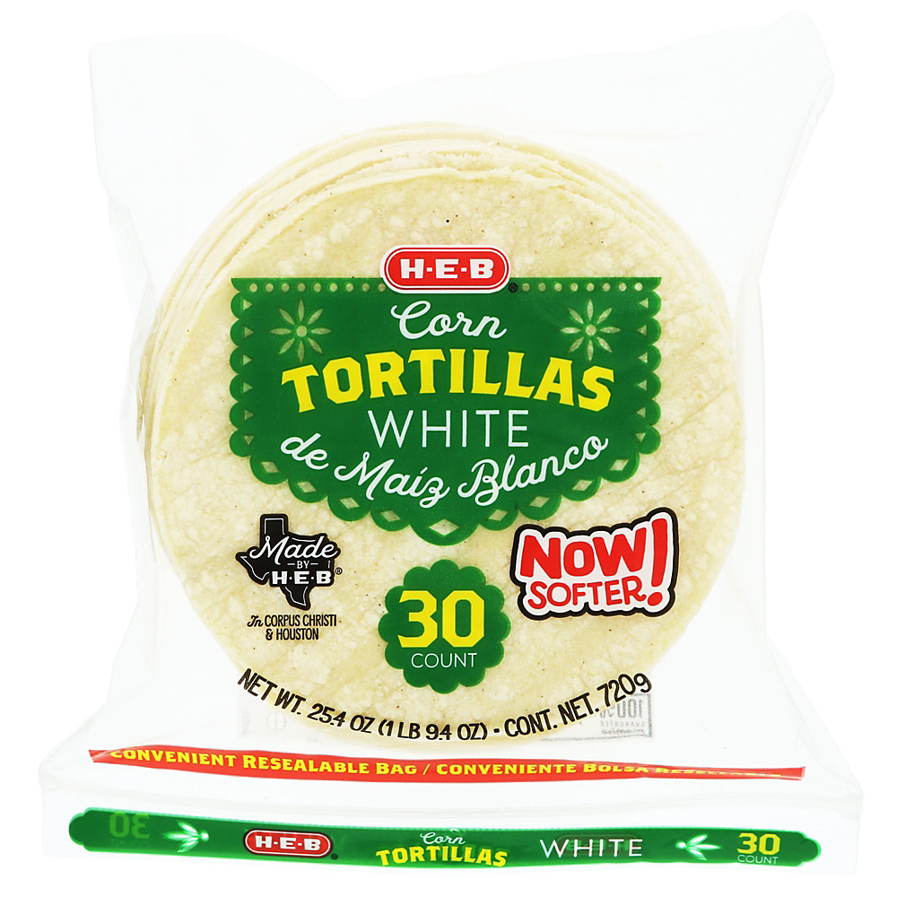 Calories in H-E-B White Corn Tortillas with Convenient Resealable Bag, 30 ct