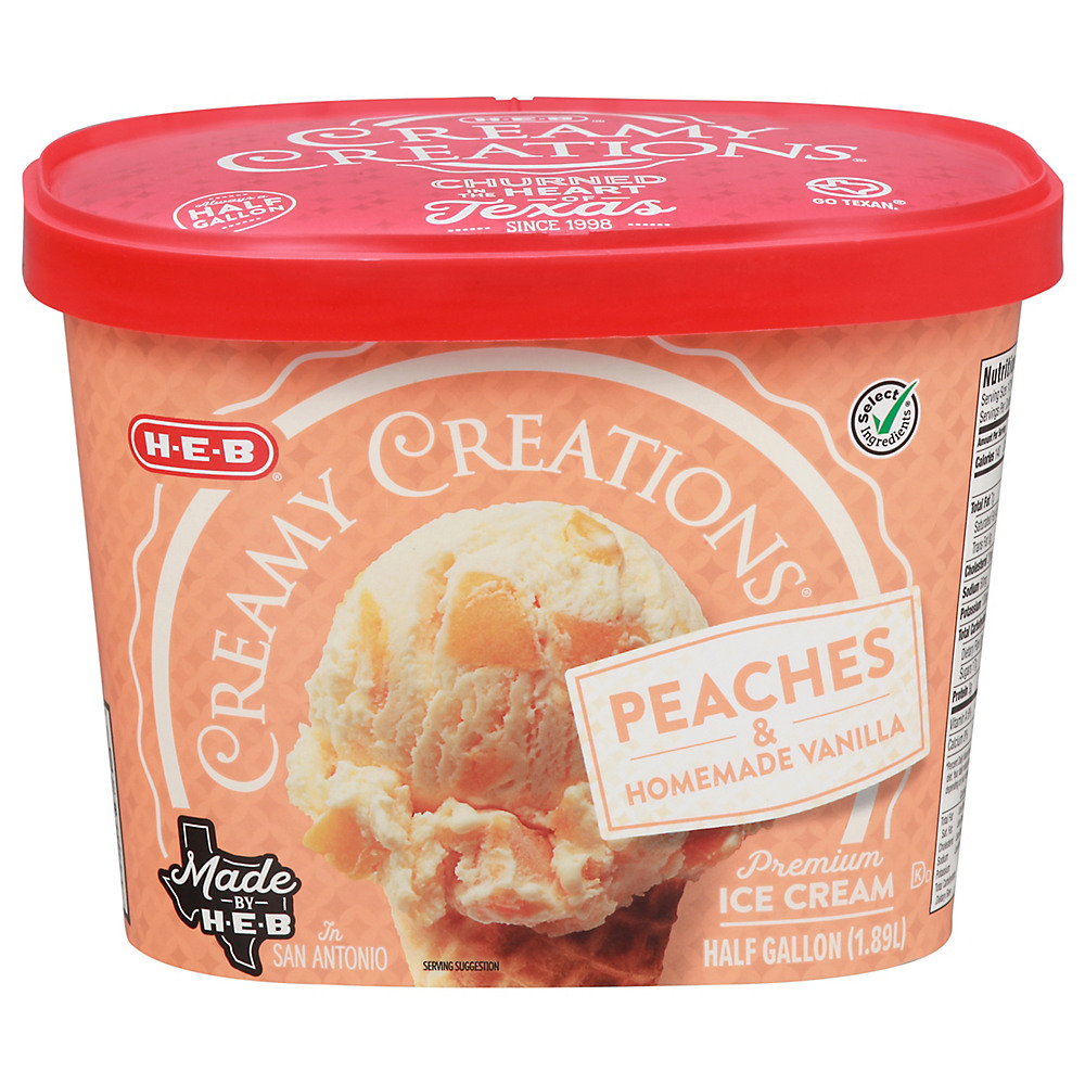 Calories in H-E-B Select Ingredients Creamy Creations Peaches & Homemade Vanilla Ice Cream, 1/2 gal