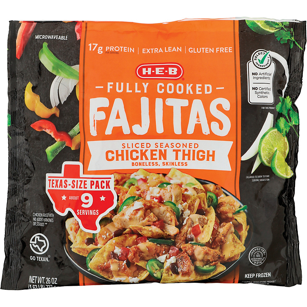 Calories in H-E-B Select Ingredients Fully Cooked Chicken Thigh Fajitas, 26 oz