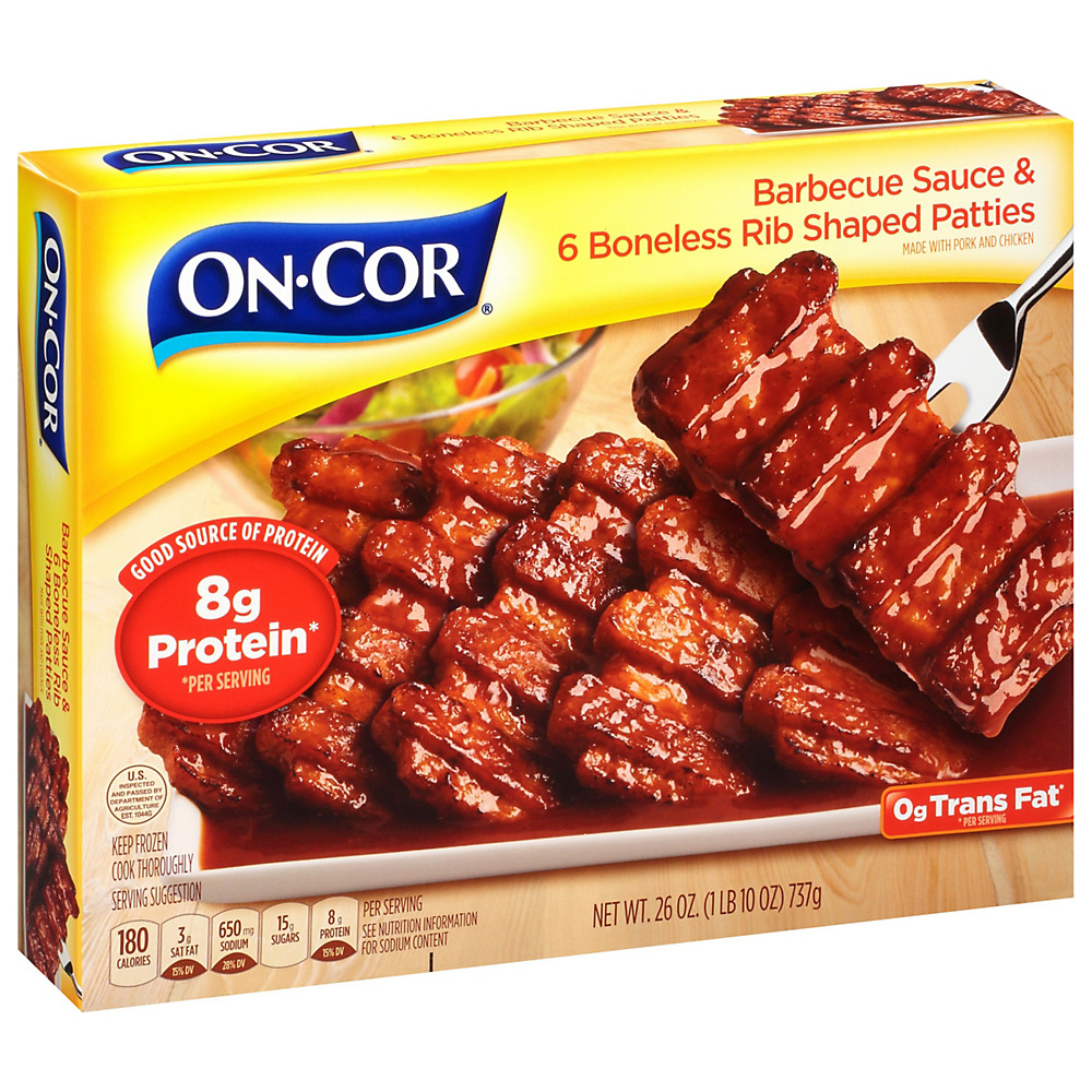 Calories in On-Cor Boneless Rib Shaped Patties with BBQ Sauce, Family Size, 26 oz