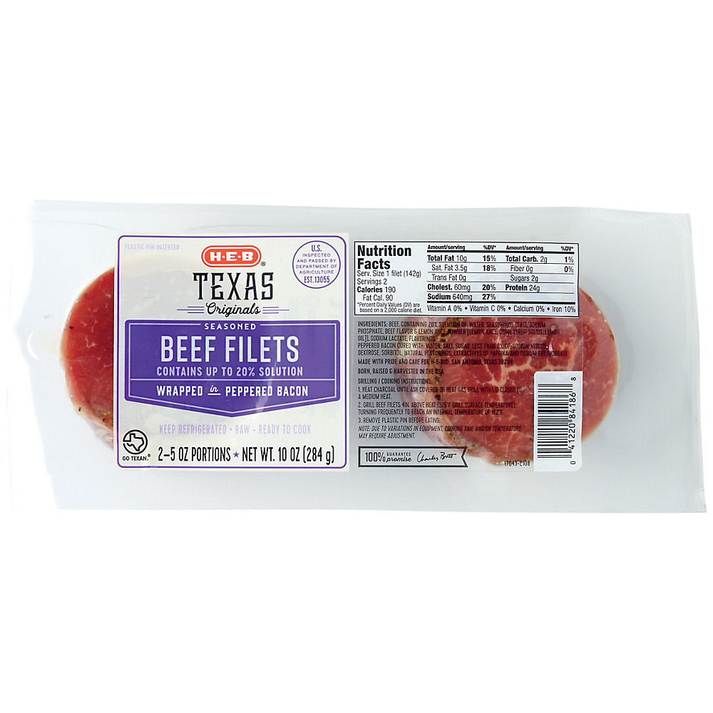 Calories in H-E-B Texas Originals Beef Filets wrapped in Peppered Bacon Beef Filets, 10 oz