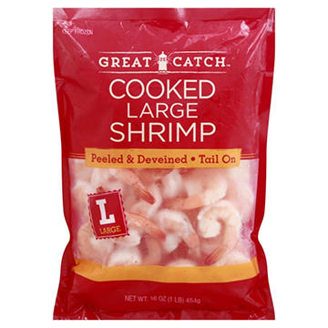 Great Catch Frozen Peeled Deveined Tail-On Large Cooked Shrimp, 41- 50 ct/lb, 1 lb