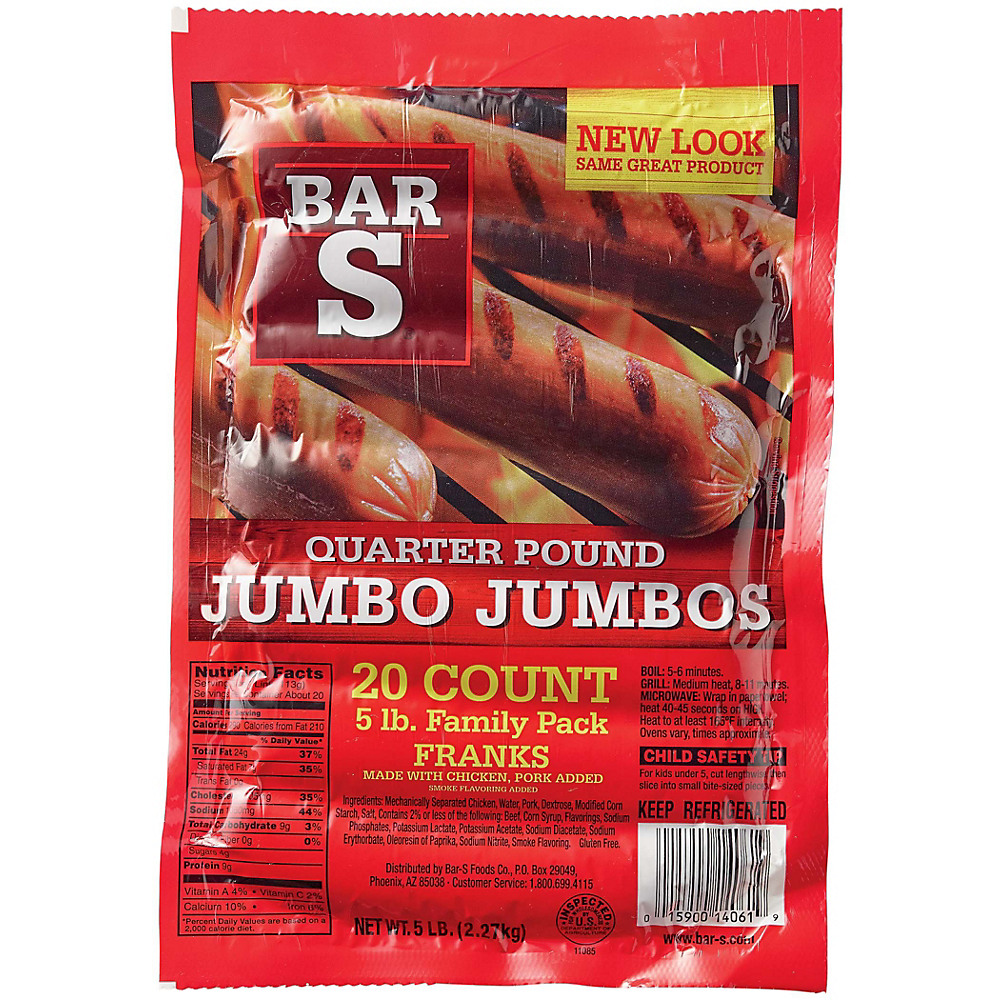 Calories in Bar S Jumbo Jumbos Quarter Pound Franks Family Pack, 20 ct