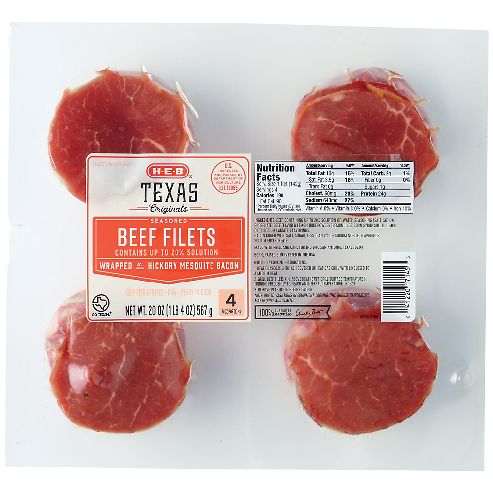 Calories in H-E-B Texas Originals Beef Filets Wrapped in Hickory and Mesquite Smoked Bacon, 20 oz