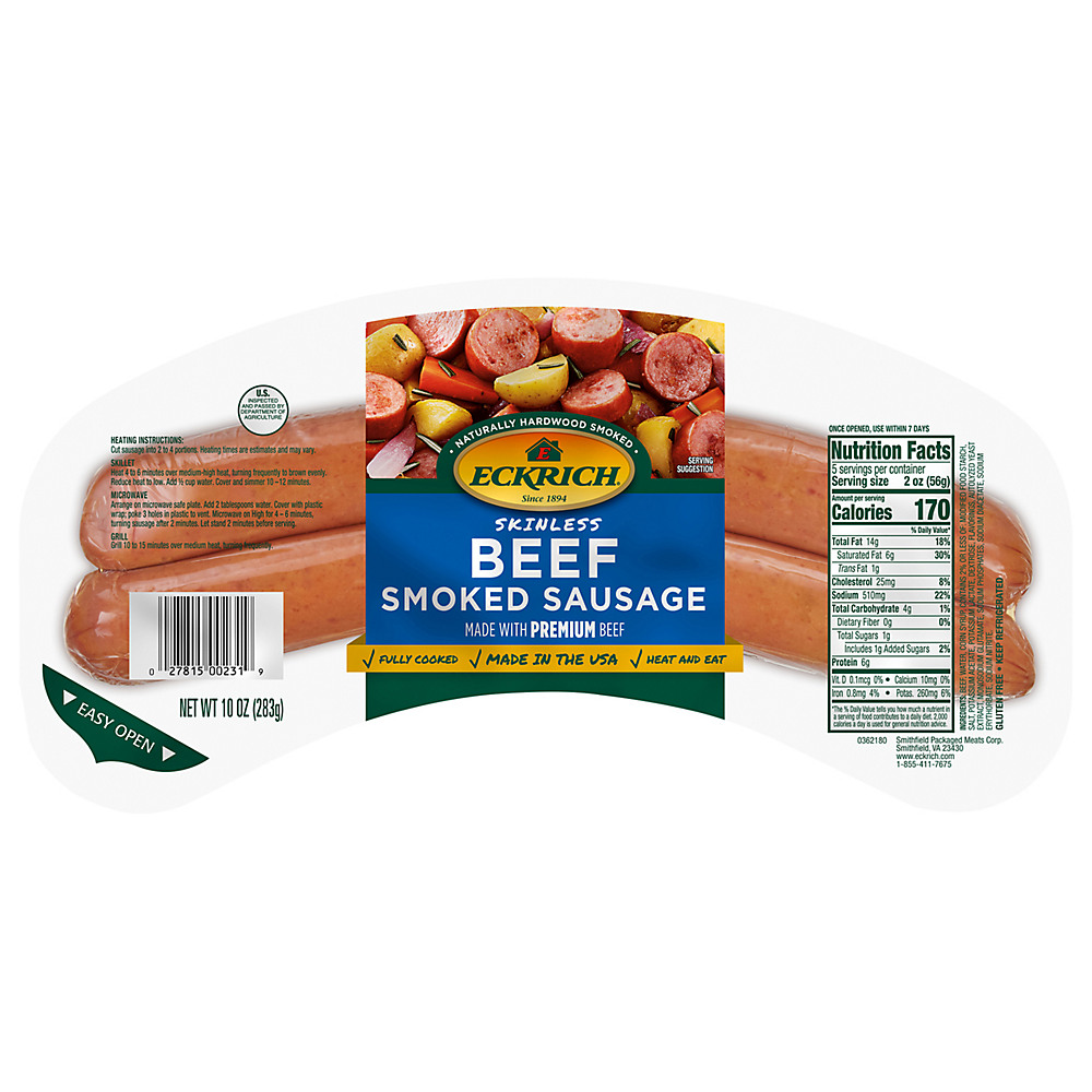 Calories in Eckrich Skinless Beef Smoked Sausage, 10 oz