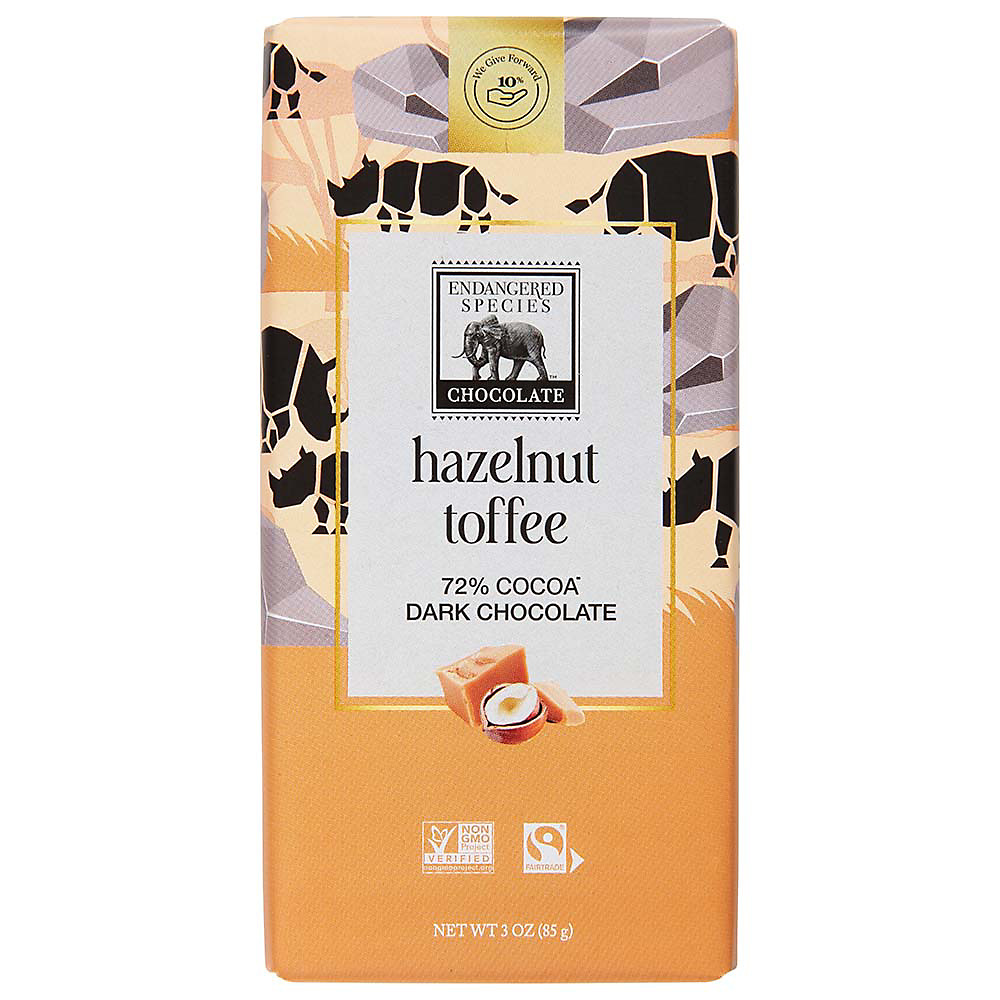 Calories in Endangered Species Chocolate Hazelnut Toffee + Dark Chocolate Bar, 3 oz