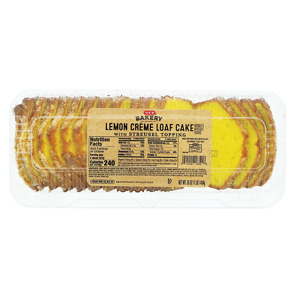 Calories in H-E-B Lemon Creme Loaf Cake with Streusel Topping, 16 oz