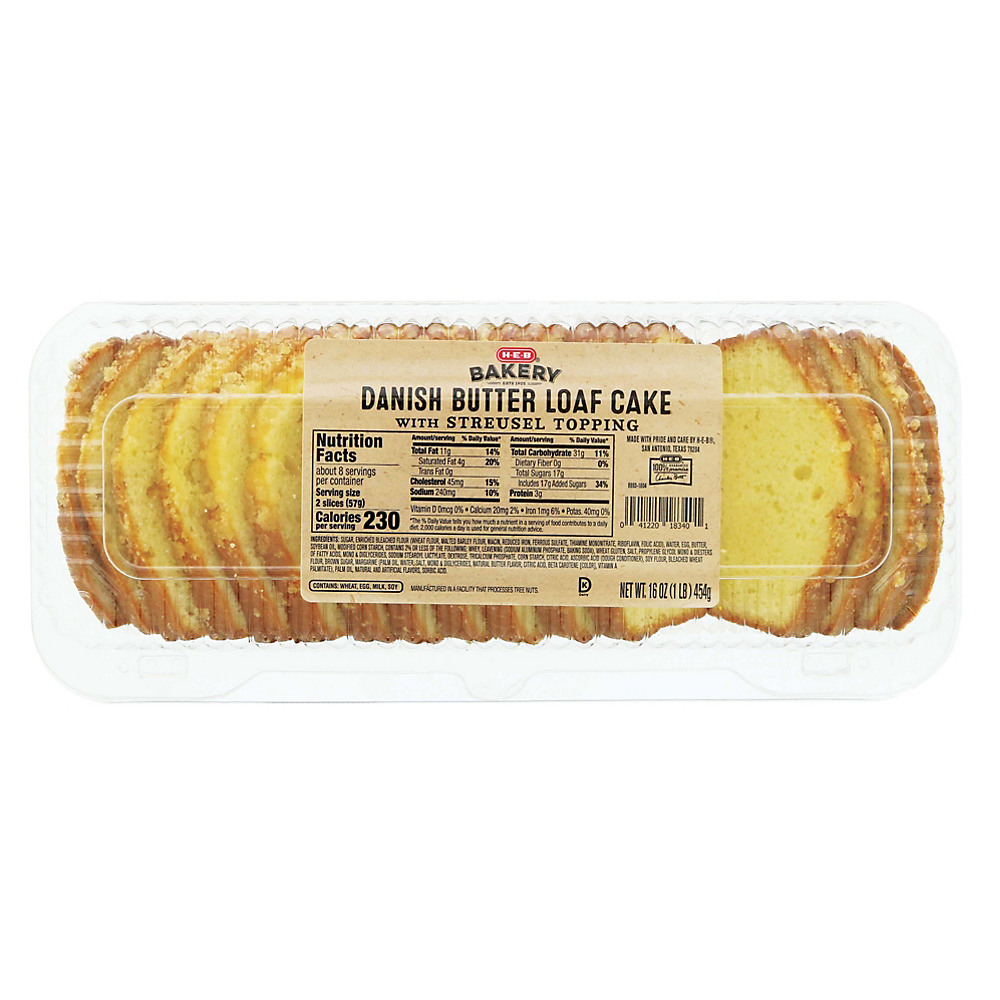 Calories in H-E-B Danish Butter Loaf Cake with Streusel Topping, 16.2 oz