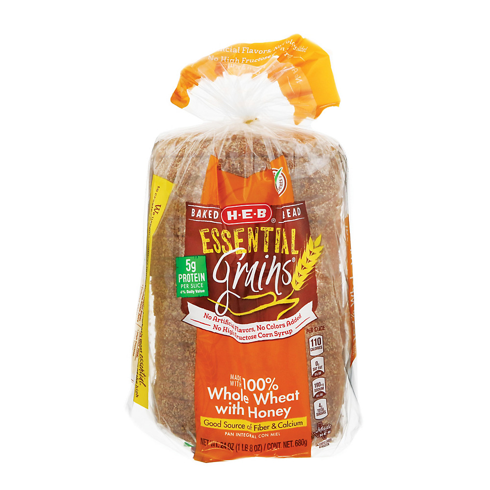 Calories in H-E-B Essential Grains 100% Whole Wheat with Honey Bread, 24 oz