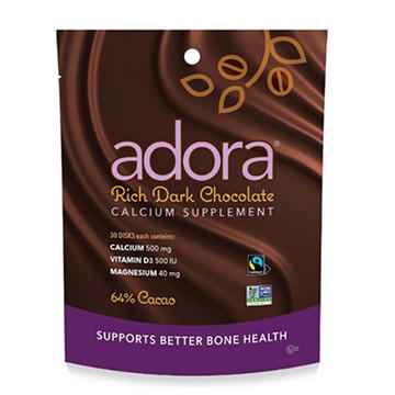 Adora Calcium 500 mg Premium Dark Chocolate Disks, 30 ct