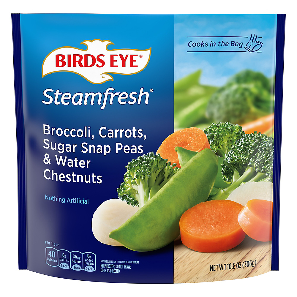 Calories in Birds Eye Steamfresh Broccoli, Carrots, Sugar Snap Peas, & Water Chestnuts, 10.8 oz