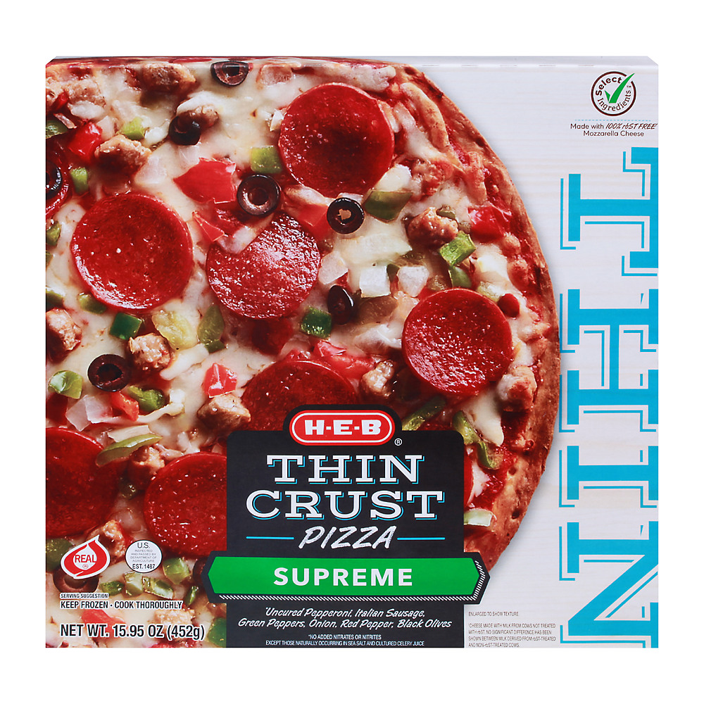 Calories in H-E-B Select Ingredients Thin Crust Supreme Pizza, 15.95 oz