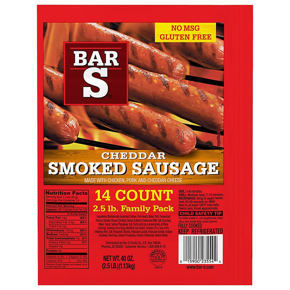 Calories in Bar S Cheese Skinless Smoked Sausage Links, 14 ct