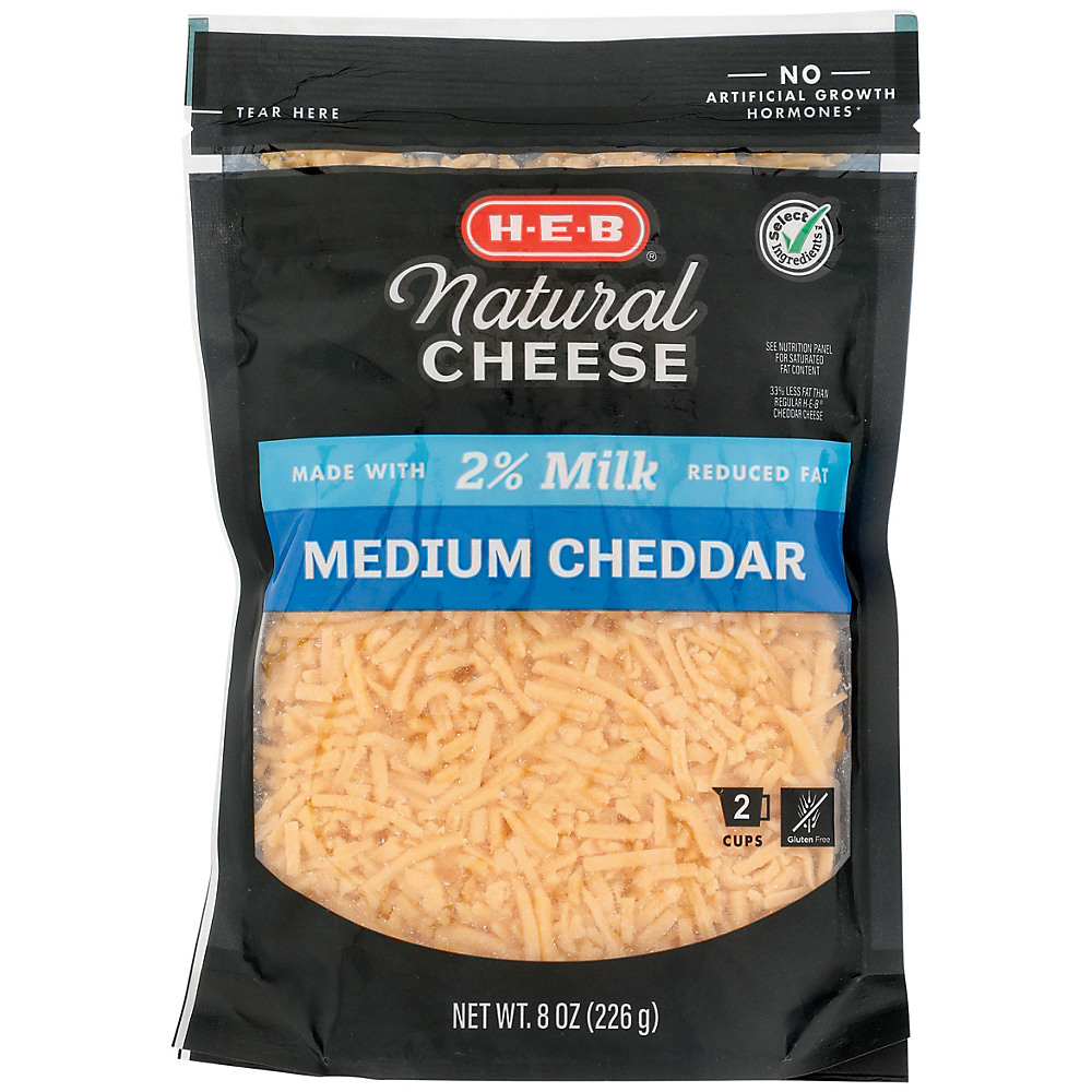 Calories in H-E-B Select Ingredients Reduced Fat Medium Cheddar Cheese, Shredded, 8 oz