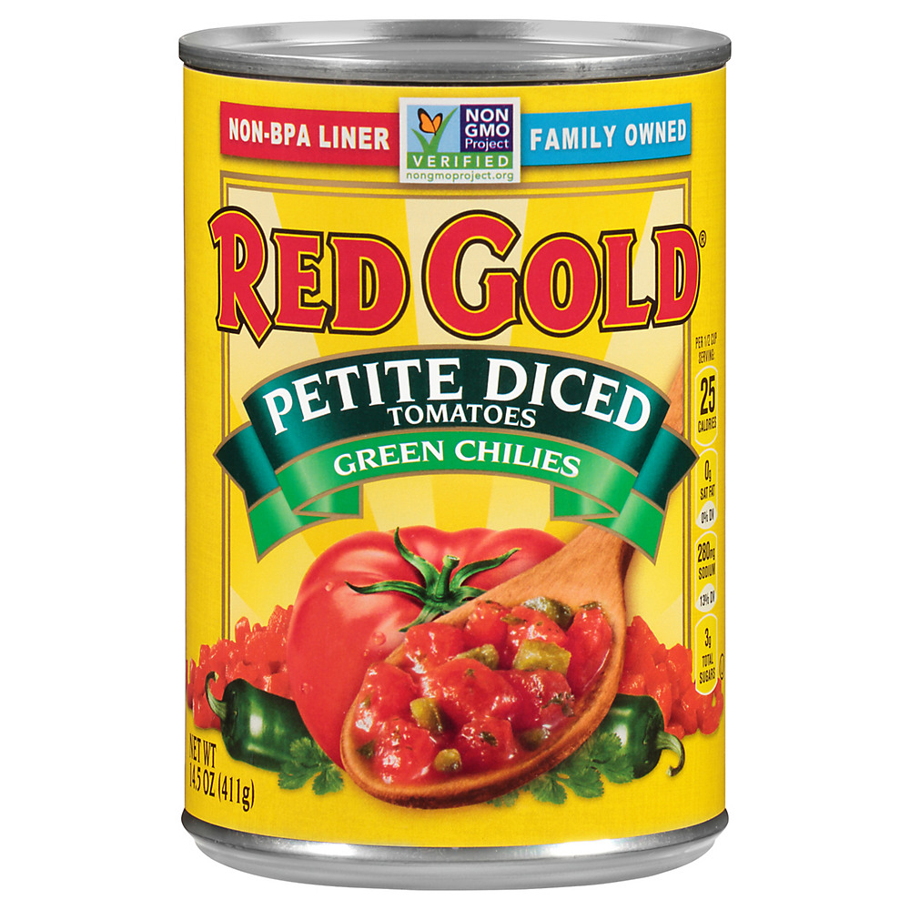 Calories in Red Gold Premium Petite Diced Tomatoes with Green Chilies, 14.5 oz