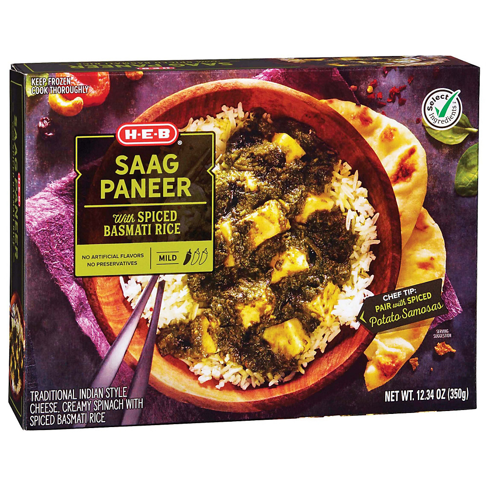Calories in H-E-B Select Ingredients Saag Paneer with Spiced Basmati Rice, 12.34 oz