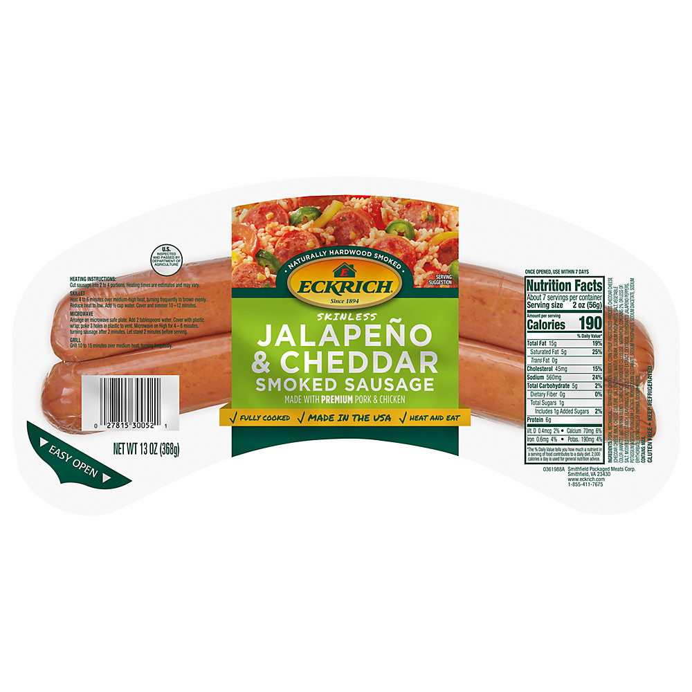 Calories in Eckrich Skinless Jalapeno & Cheddar Smoked Sausage, 13 oz