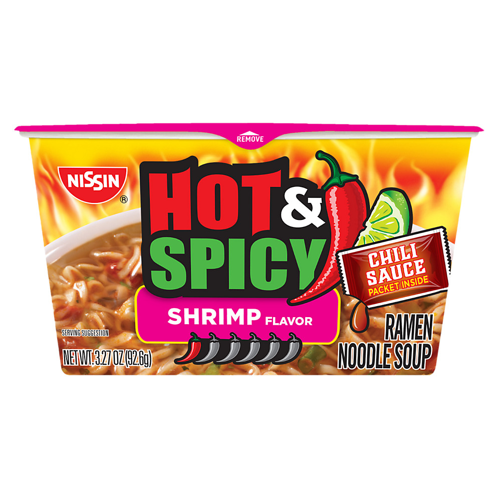 Calories in Nissin Bowl Noodles Hot and Spicy with Shrimp Ramen Noodle Soup, 3.27 oz
