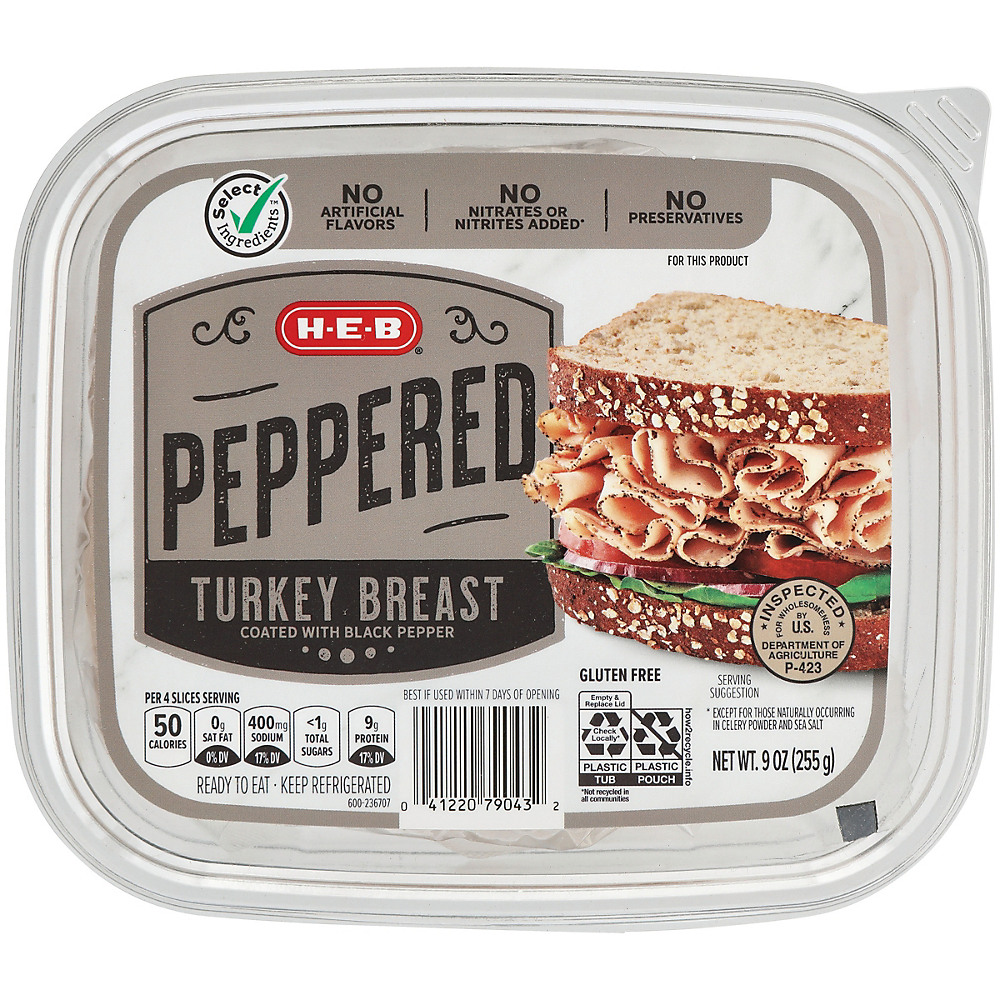 Calories in H-E-B Select Ingredients Smoked Peppered Turkey Breast, 9 oz