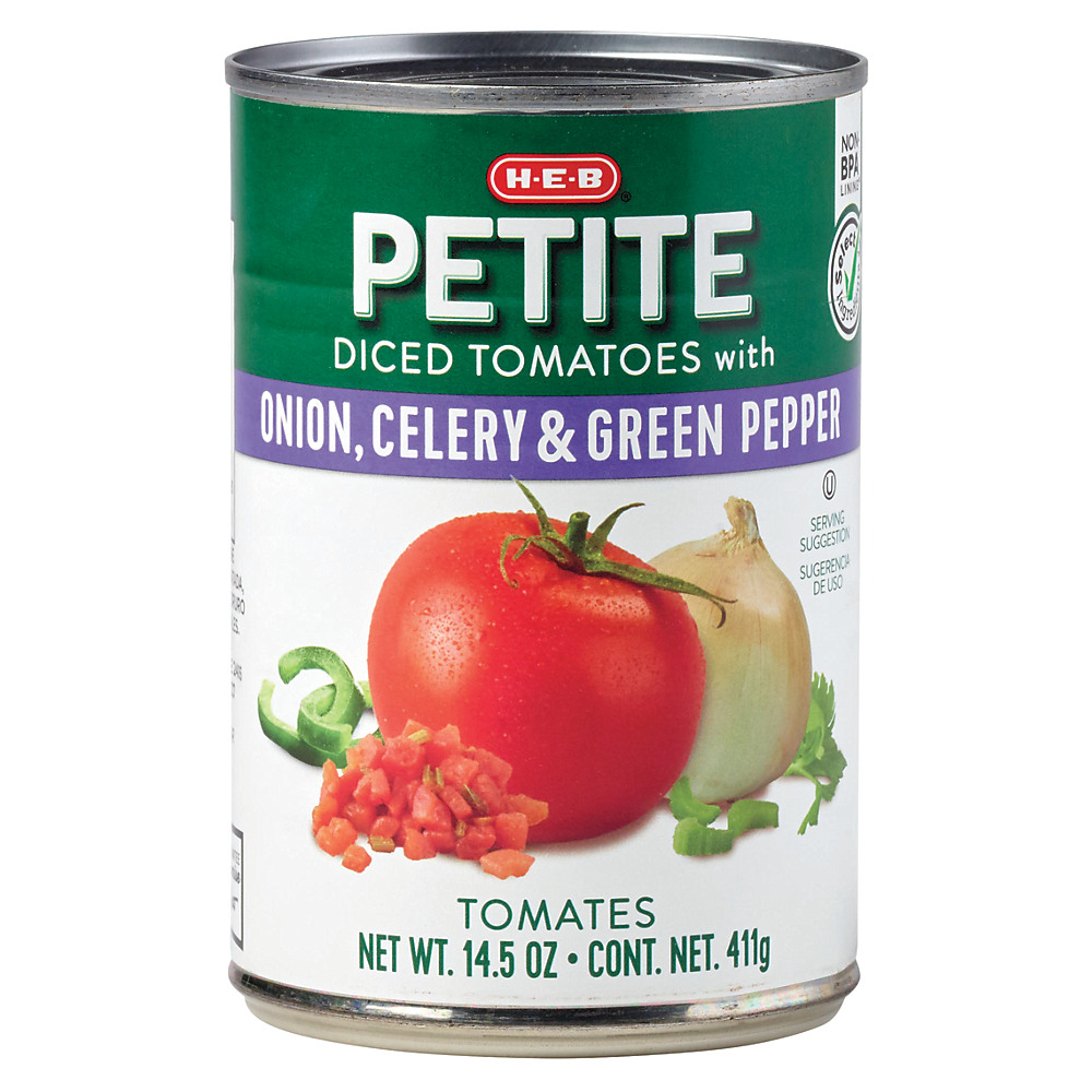 Calories in H-E-B Petite Diced Tomatoes with Onion Celery & Green Pepper, 14.5 oz