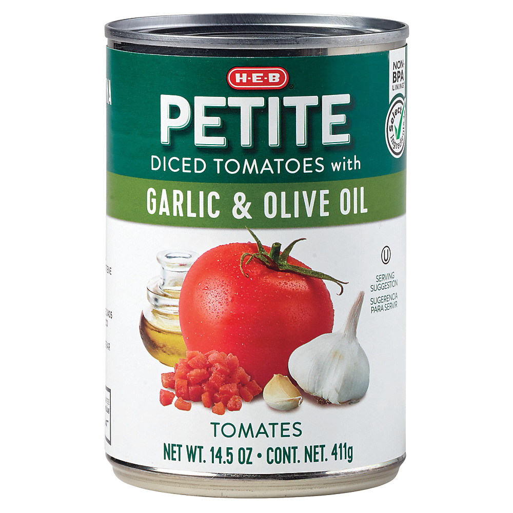 Calories in H-E-B Petite Diced Tomatoes with Garlic & Olive Oil, 14.5 oz