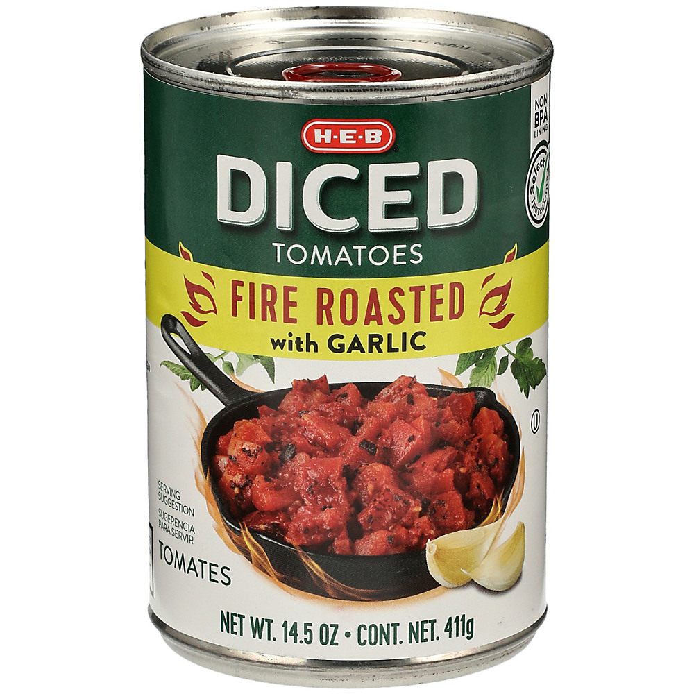 Calories in H-E-B Select Ingredients Fire Roasted Diced Tomatoes with Garlic, 14.5 oz
