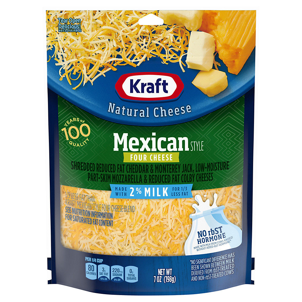 Calories in Kraft Reduced Fat Mexican Style Four Cheese, Shredded, 7 oz