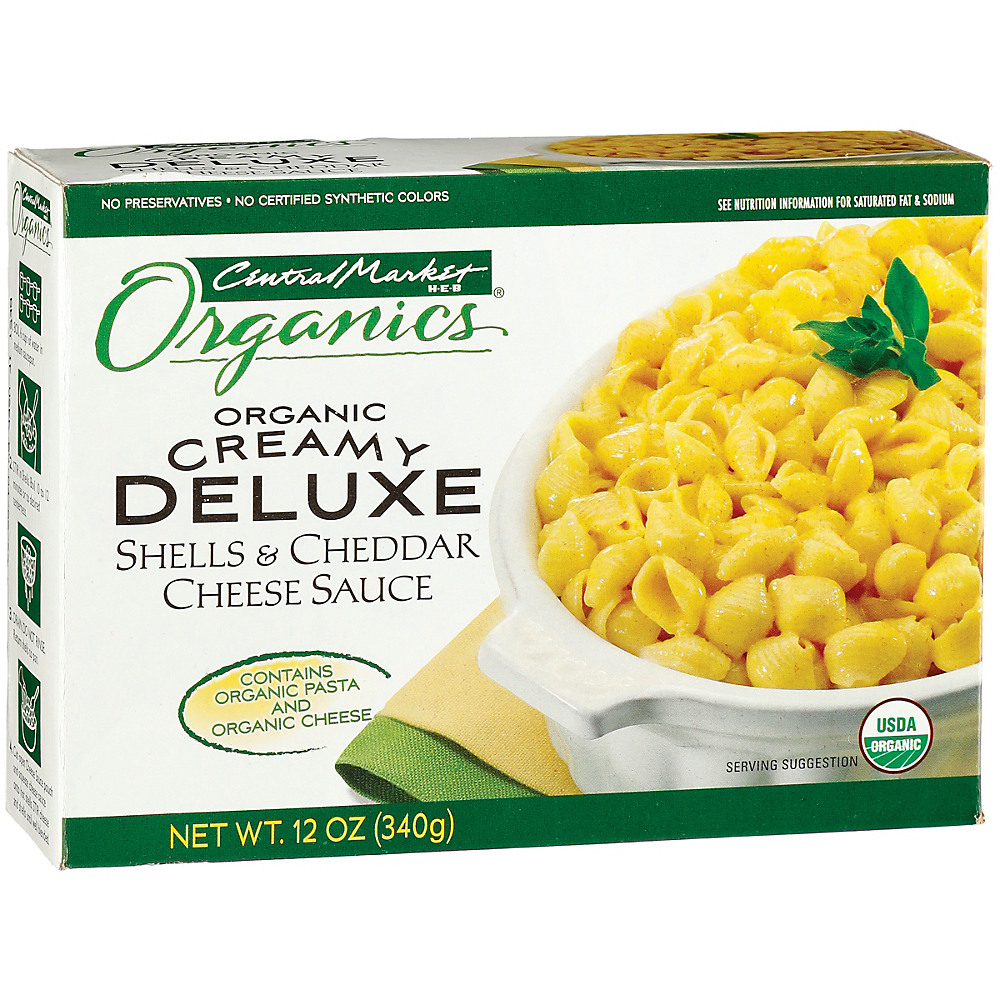 Calories in Central Market Organics Creamy Deluxe Shells & Cheddar Cheese Sauce, 12 oz