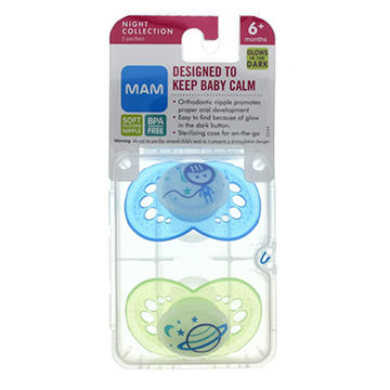 MAM Nighttime Silicone Pacifiers (6+ Months), Assorted Colors - Glows In The Dark, 2 ct