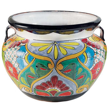 Blue Orange Pottery Clay Bean Pot Talavera Planter, Large