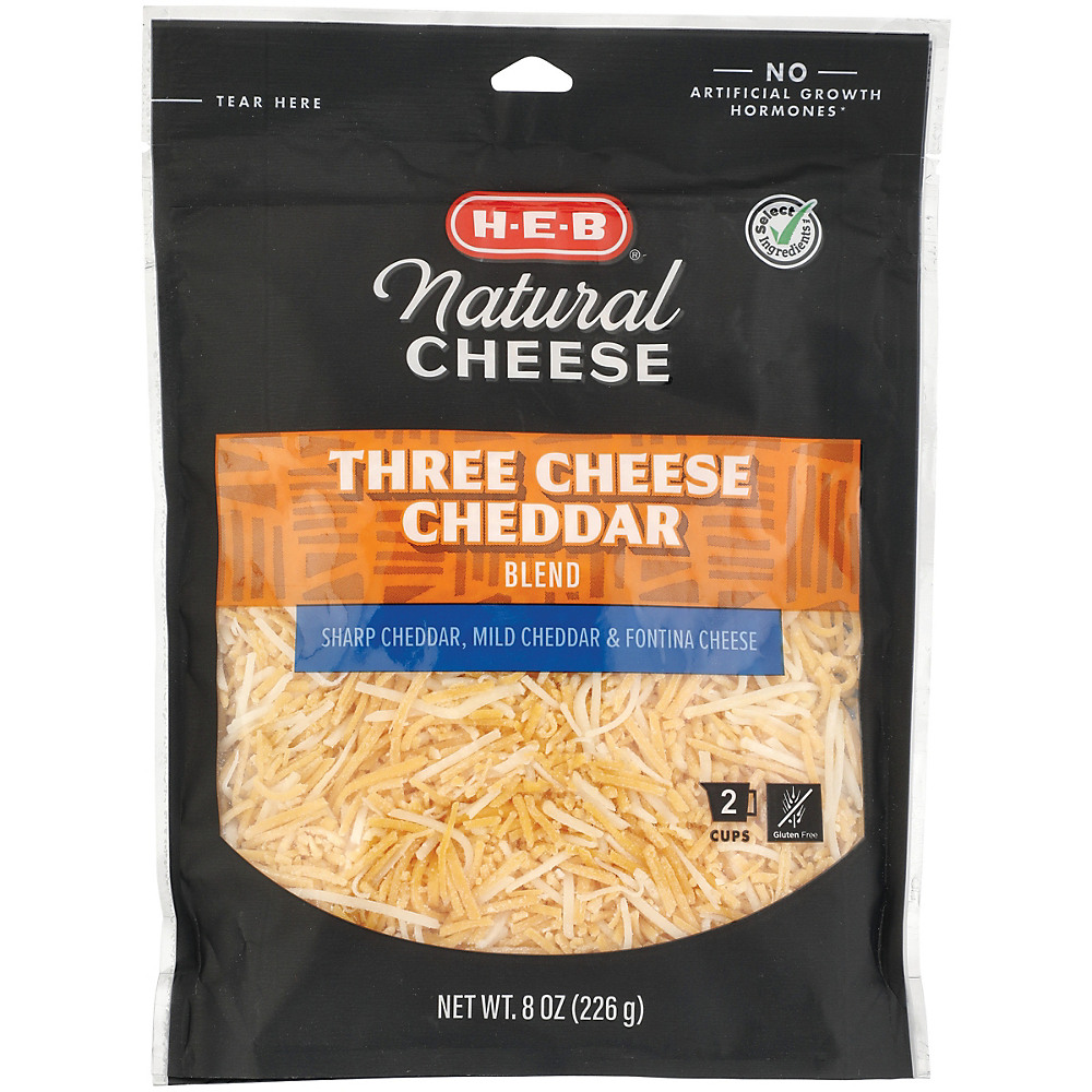 Calories in H-E-B Select Ingredients Three Cheese Cheddar Blend, Shredded, 8 oz