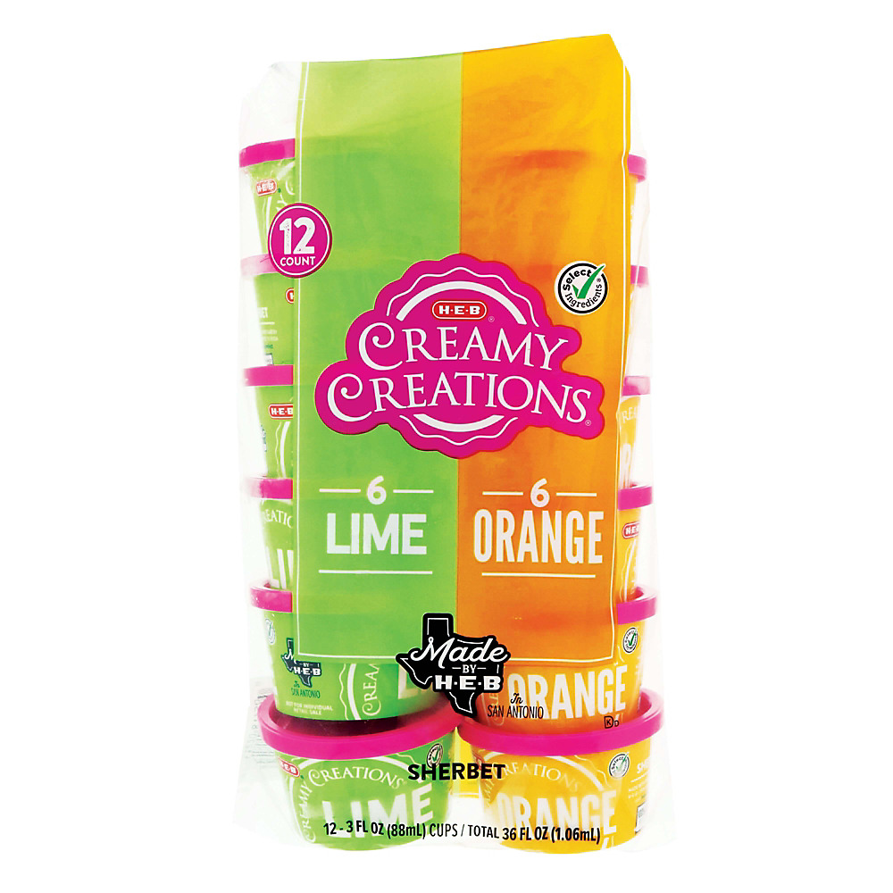 Calories in H-E-B Select Ingredients Creamy Creations Sherbet Assorted Flavors 3 oz Cups, 12 ct