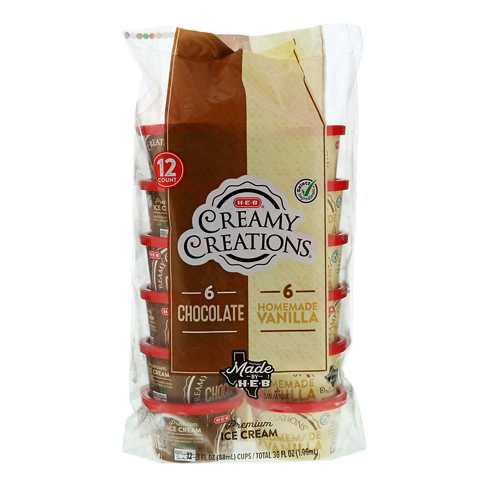 Calories in H-E-B Select Ingredients Creamy Creations Vanilla Chocolate Variety Ice Cream 3 oz Cups, 12 ct
