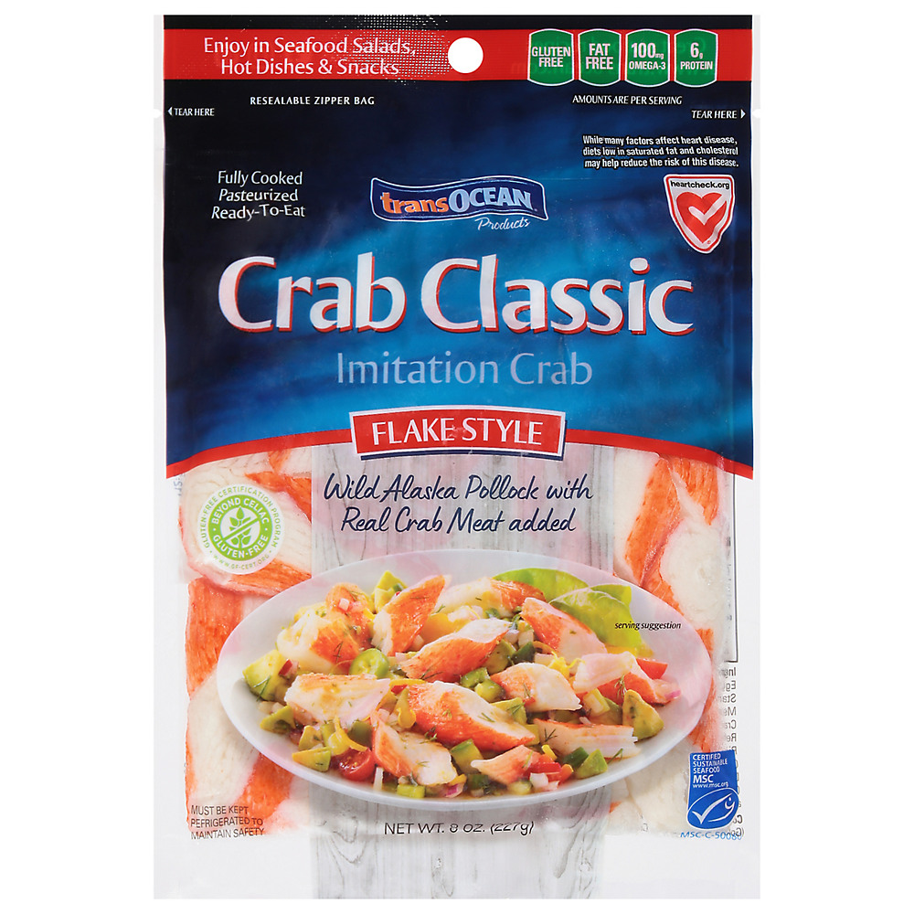 Calories in Trans-Ocean Crab Classic Flake Style Imitation Crab, 8 oz