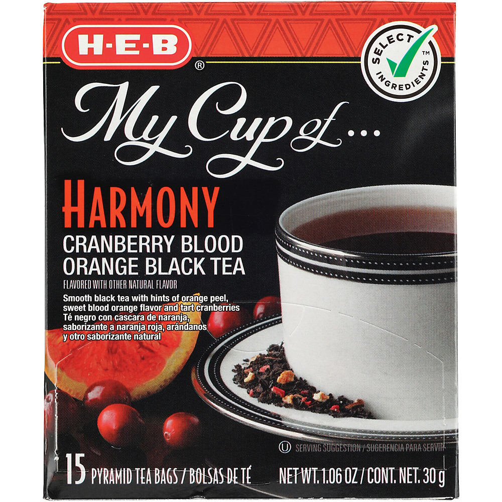 Calories in H-E-B My Cup of Harmony Cranberry Blood Orange Black Tea, Pyramid Tea Bags, 15 ct