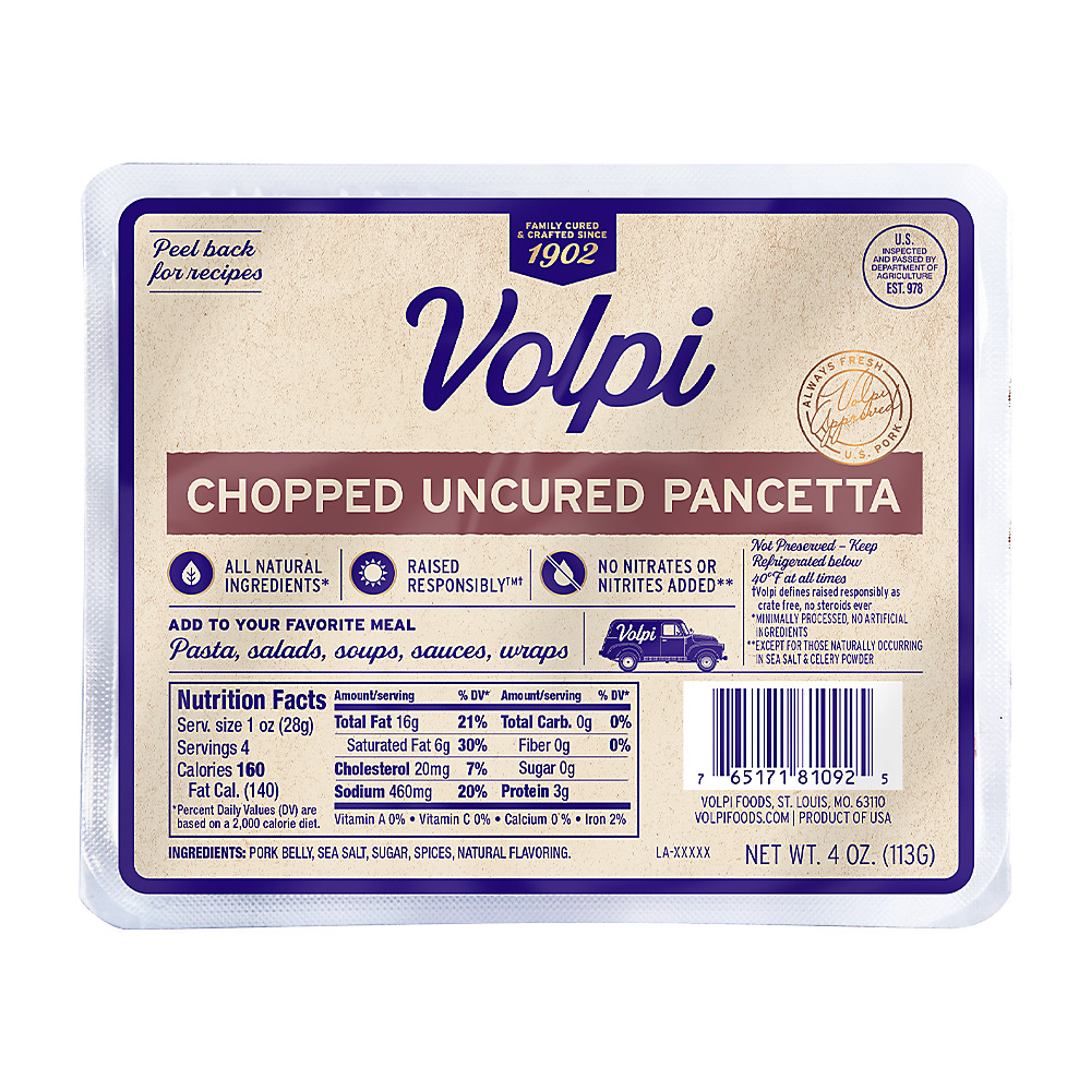 Calories in Volpi Chopped Uncured Pancetta , 4 oz