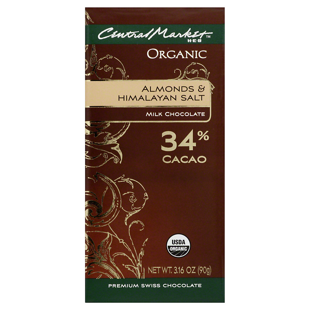 Calories in Central Market 34% Organic Cacao Almonds And Himalayan Salt Milk Chocolate, 3.16 oz