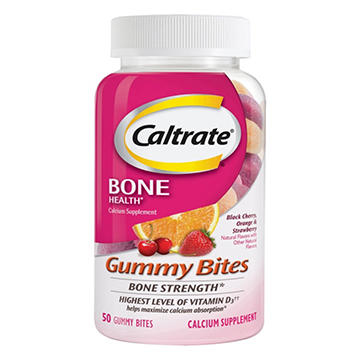 Caltrate Gummy Bites 500 mg Calcium and Vitamin D Supplement, Black Cherry, Strawberry, Orange, 50 ct