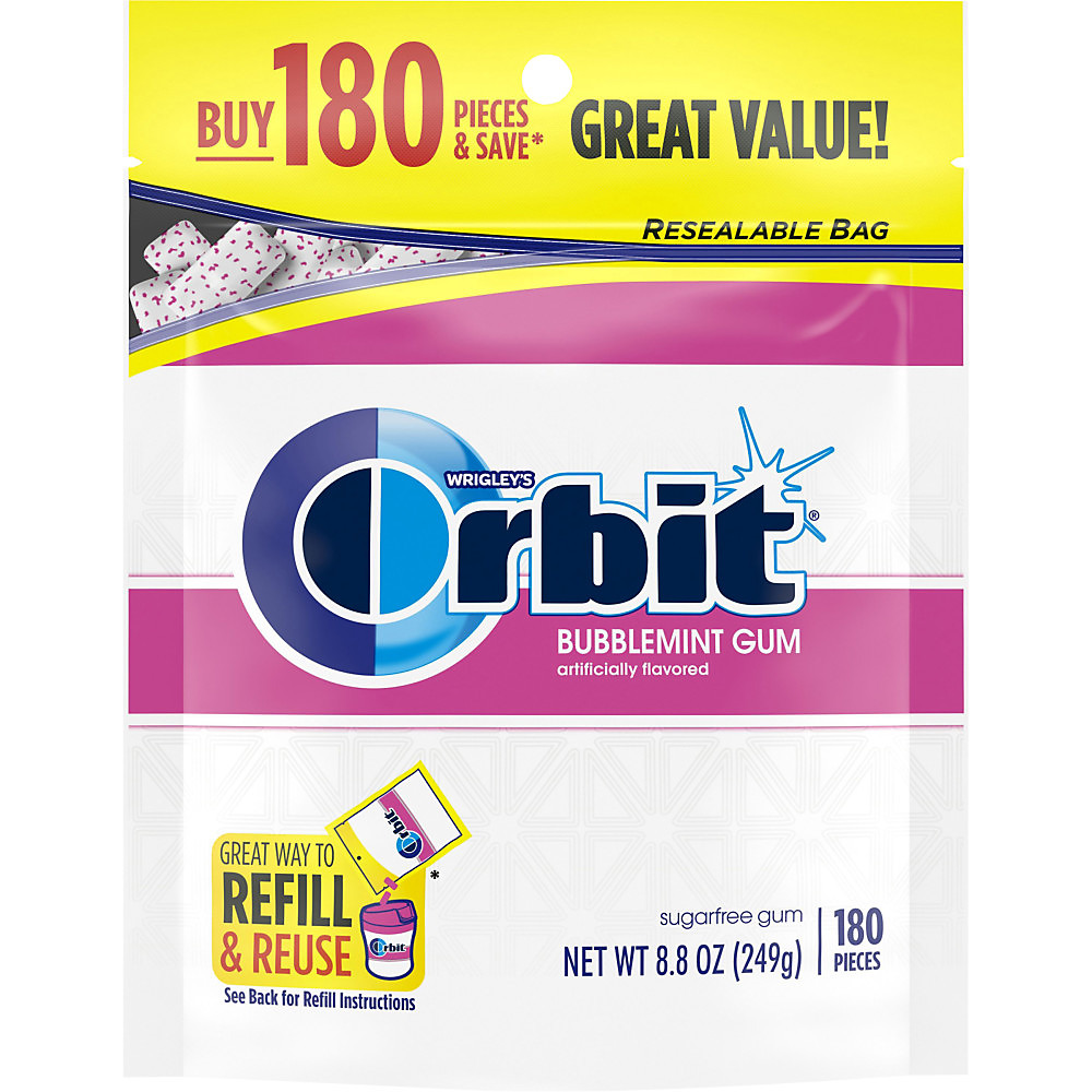Calories in Orbit Bubblemint Sugar Free Chewing Gum, Value Pack Bag, 180 ct