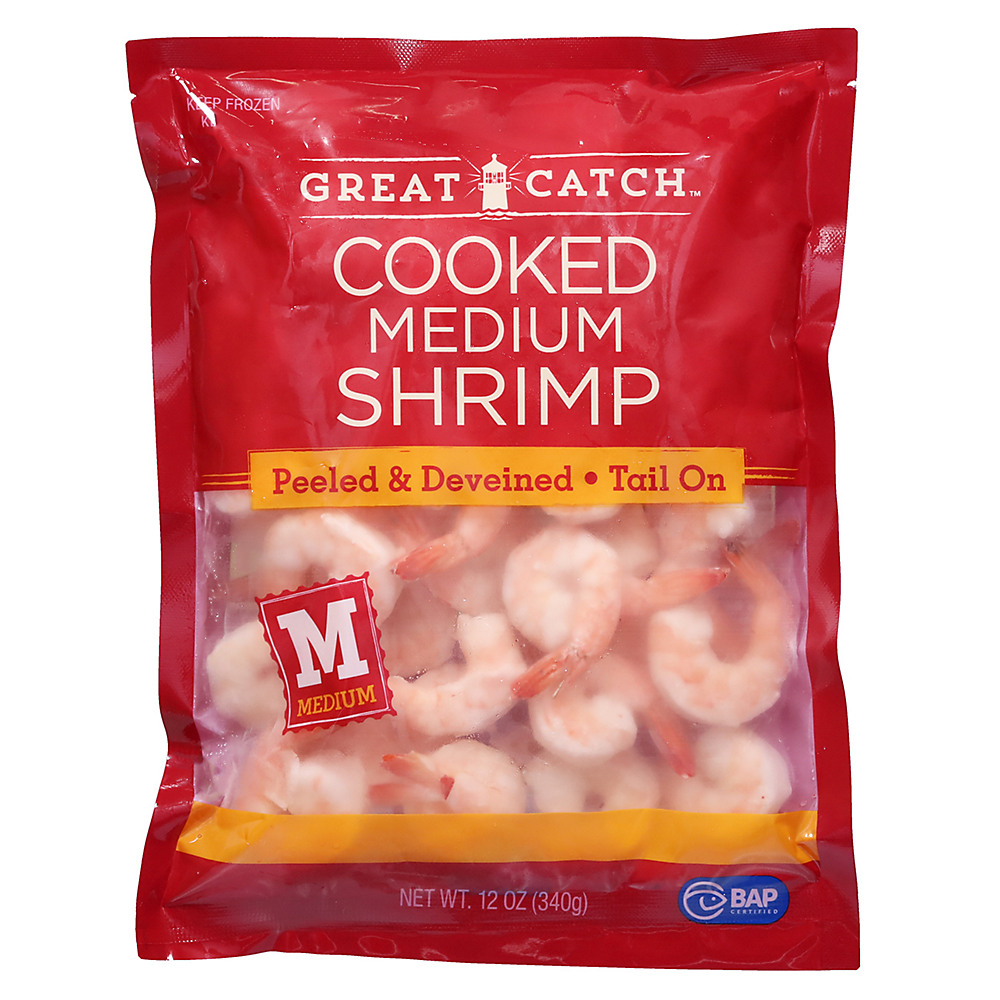 Calories in Great Catch Cooked Peeled and Deveined Tail-On Medium Shrimp, 41-60ct /lb, 12 oz
