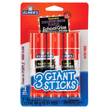 Elmer's Washable Disappearing Purple School Glue Sticks, 3 pk