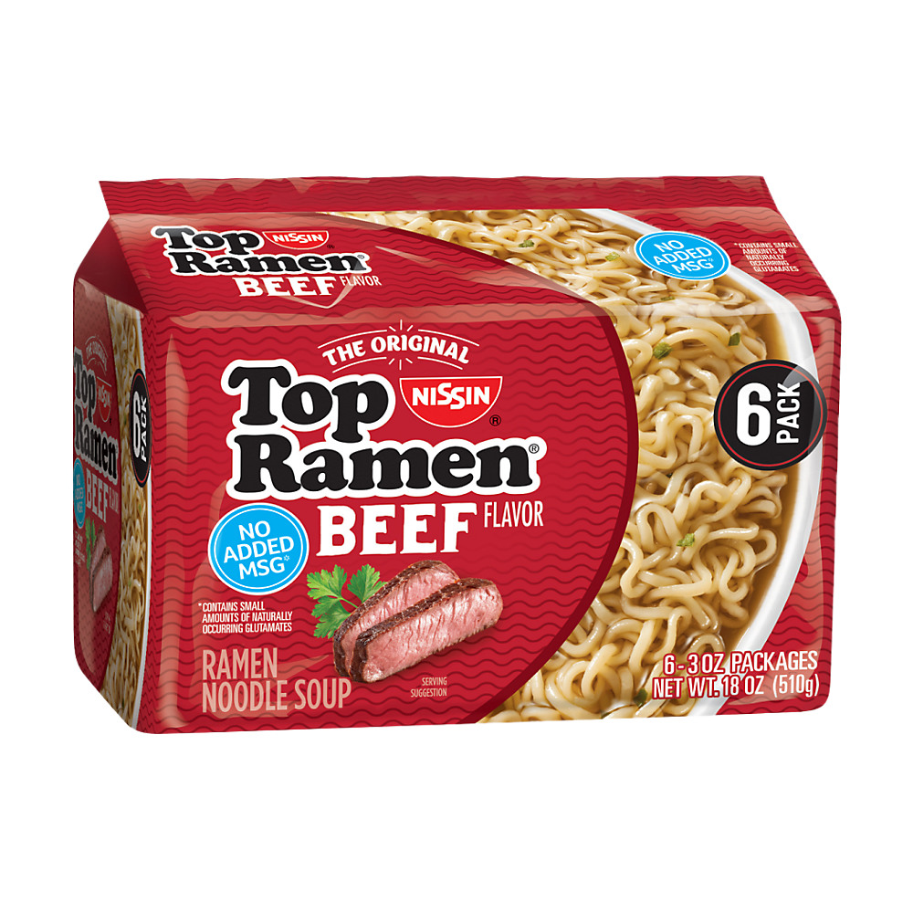 Calories in Nissin Top Ramen Beef Flavor Ramen Noodle Soup, 6 ct