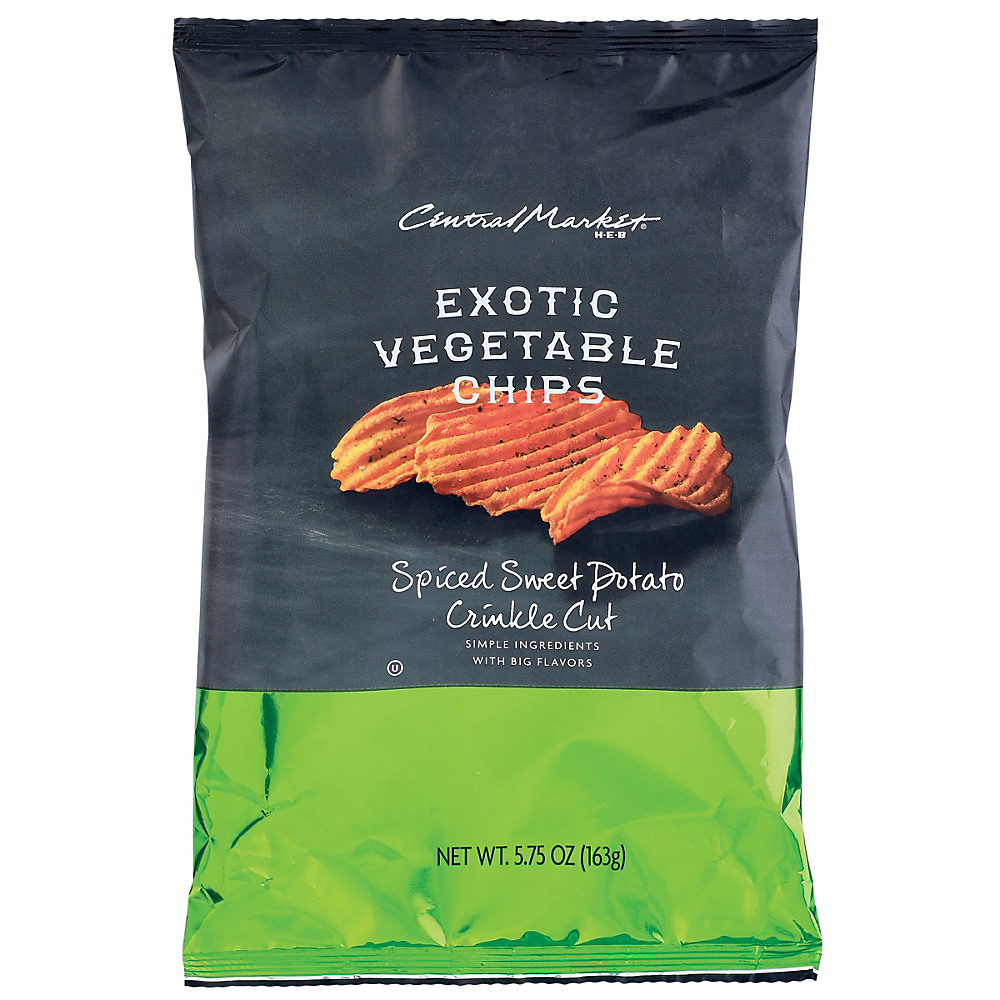Calories in Central Market Spiced Sweet Potato Crinkle Cut Exotic Vegetable Chips, 5.75 oz