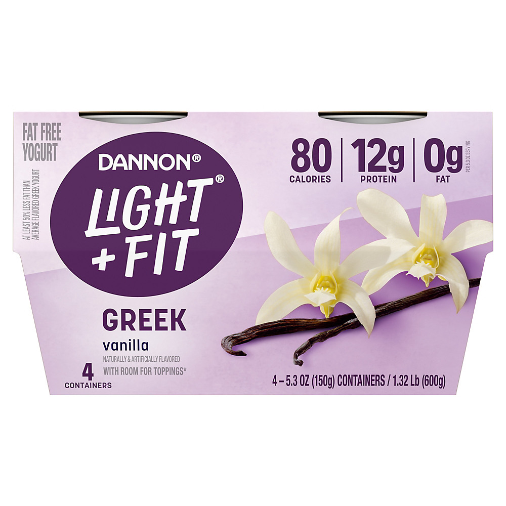 Calories in Light + Fit Nonfat Gluten-Free Vanilla Greek Yogurt, 5.3 oz Cups, 4 pk