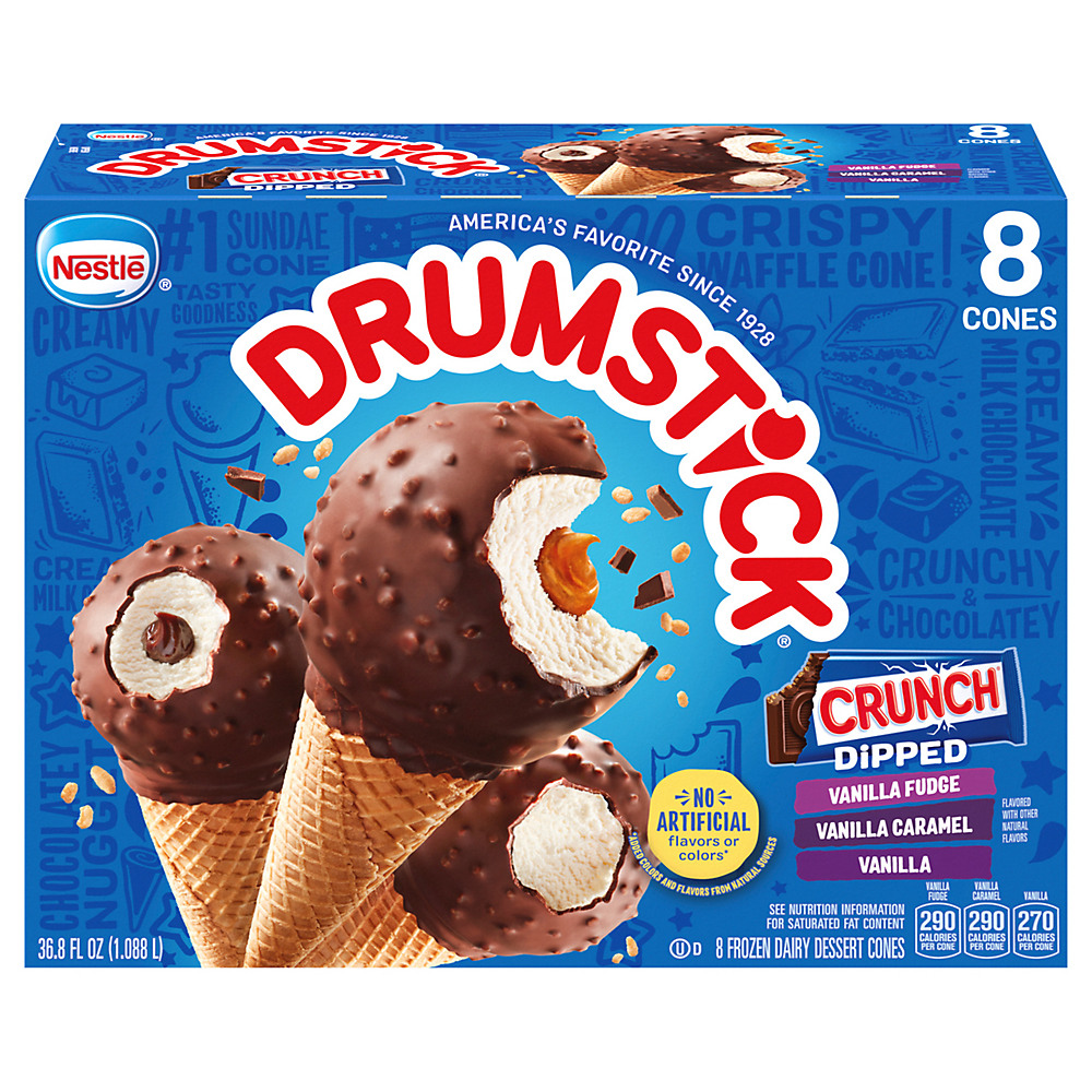 Calories in Nestle Drumstick Crunch Dipped Vanilla, Vanilla Caramel & Vanilla Fudge Sundae Cones Variety Pack, 8 ct